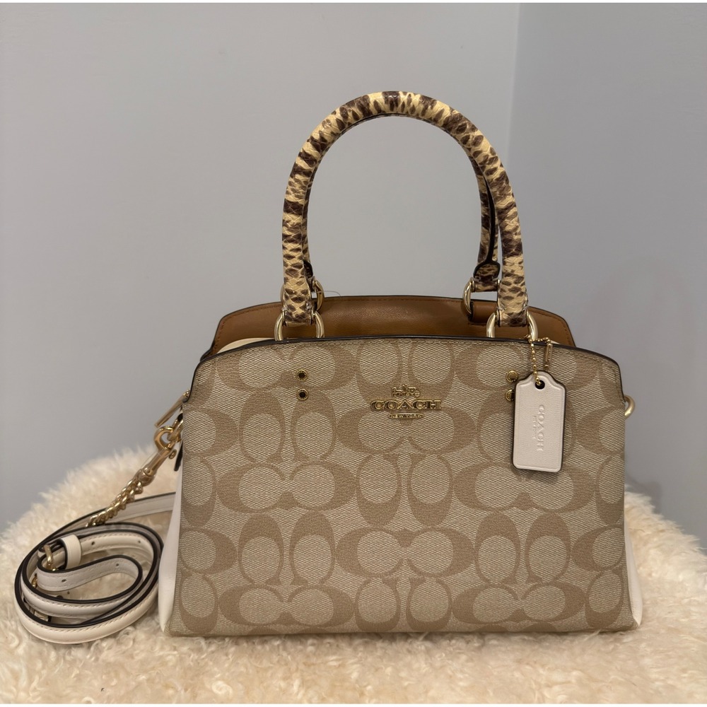 Coach Lillie Carryall Signature Canvas Snakeskin Detail Khaki Chalk Gold NWT